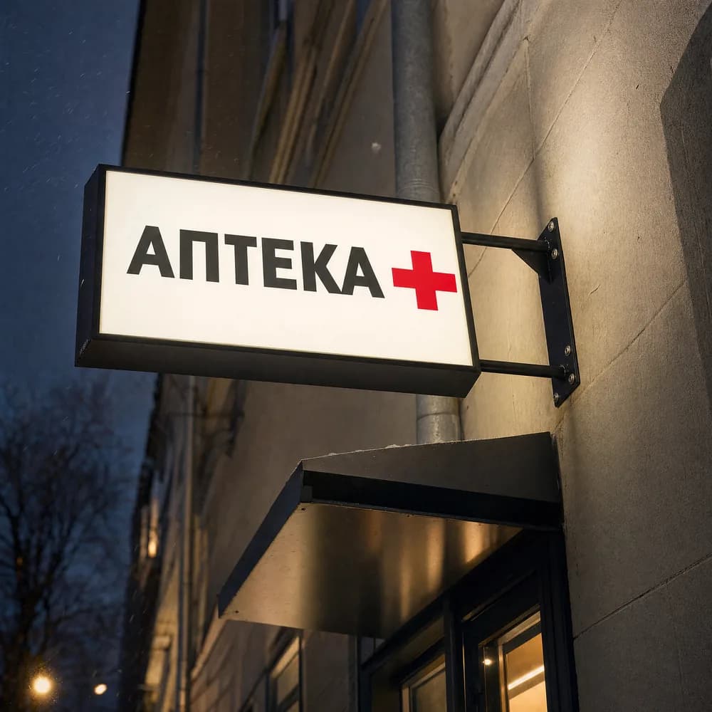 Световой короб «Аптека» на кронштейне над входом вечером